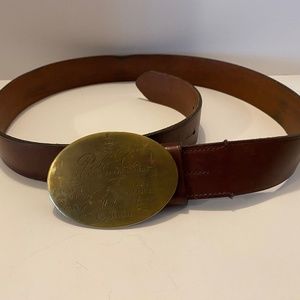 RALPH LAUREN Brown Leather Engraved Brass Buckle Belt Size 36/90 Made In 1967.